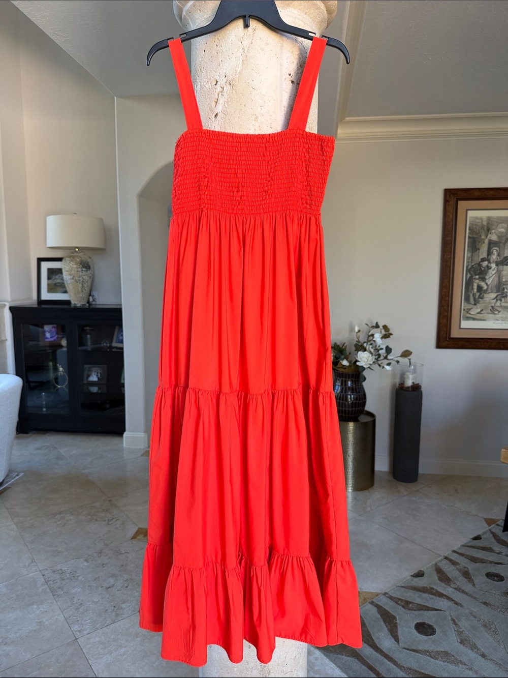 Zara Bright Red Orange Smocked Maxi Dress Size Medium